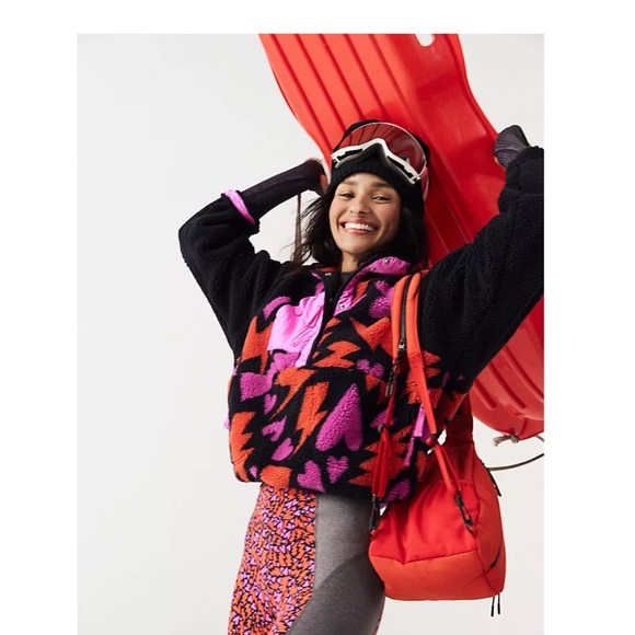 NEW Free People Movement Hit The Slopes Printed Hearts Pullover Fleece Jacket L - Picture 2 of 14